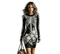 Abito corto da donna, con scheletro rosa gotico, Halloween, aderente | Fascino Oscuro