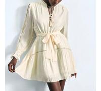 Abito corto da donna con scollo tondo, arricciature, laccio, pizzo, maniche a lanterna e design a balze strutturato, per le prime vacanze autunnali del 2025 L,M,S,XL,XSColore unicoTessuto intrecciato