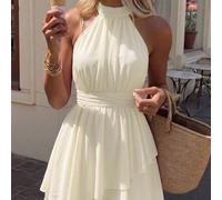 Abito corto da donna elegante e romantico in chiffon rosa per primavera/estate, con scollo all'americana, orlo asimmetrico, vita arricciata e vestibilità fluida, adatto per appuntamenti, vacanze, uso 