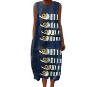 Abito corto da donna, in cotone, con maniche larghe, casual, A-Line con stampa floreale, con scollo a V, elegante e bohémien, abito da sposa e casual, per feste, blu scuro, M