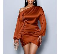 Abito corto da donna in raso, elegante, con collo asimmetrico, maniche a lanterna e plissettatura, adatto per feste, di colore verde L,M,S,XLRaso