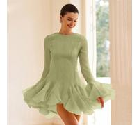 Abito corto da donna in tessuto strutturato, con design elegante da signora di lusso francese, orlo arricciato e maniche a campana L,M,S,XSTessuto intrecciato