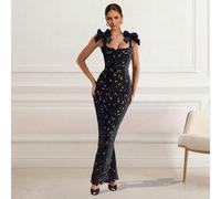 Abito corto da festa in pizzo con fiocco nero non elasticizzato, adatto per feste, serate e appuntamenti L,M,S,XLTessuto in maglia