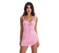 Abito Corto Donna Aderente Elasticizzato Con Banda di Pizzo - Vestito Senza Maniche Elegante Bodycon Mini Da Sera Casual per Discoteca e Festa (Rosa Chiaro, S)