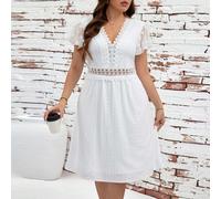 Abito corto elegante a-linea con volant sulle maniche, in pizzo, per donna formosa e curvy, stile romantico, adatto per occasioni d'ufficio, uscite, San Valentino, per l'estate/primavera, in stile vin