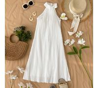 Abito corto elegante da ragazza pre-adolescente in stile retrò coreano, bianco, con collo a canottiera, per vacanze estive, a righe verticali slim, con orlo drappeggiato che scopre la pelle, aderente,