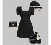 Abito corto elegante per ragazze adolescenti, collo quadrato, maniche a gigot, maniche a lanterna, monocolore, a-line, adatto per uso quotidiano, occasioni casual ed eventi eleganti 8Y,9Y,10Y,11Y,12YC