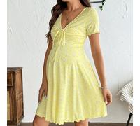 Abito corto estivo da donna incinta con balze, nodo, orlo a lattuga e stampa floreale a piccoli motivi L,M,S,XL,XS,XXL,XXSstampa dappertutto,Stampa CasualeTessuto in maglia