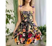 Abito Corto Floreale Ricamato Con Spalline A Fiore E Cintura Elegante CF48192