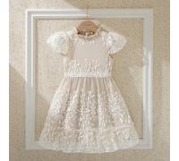 Abito corto in stile retrò francese con inserti in pizzo beige, maniche corte, adatto per la scuola, le uscite, le feste e altre occasioni, abito da ragazza 6Y,7Y,4Y,5YPiantePoliammide