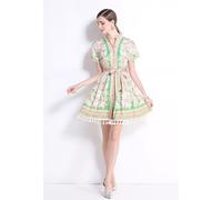 Abito Corto Verde Fiori Rosa E Frange Stile Estivo Romantico Elegante CF47979