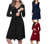 Abito da allattamento abito lungo manica da donna con tasca per l'allattamento al seno casual tinta unita maternità abito premaman gravidanza inverno collant (nero, XL)