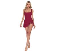 Abito da bagno arancione bruciato con gonna con nodo rimovibile, costume da bagno con cravatta laterale regolabile pantaloni incorporati abiti da bagno gonna, Borgogna, XL