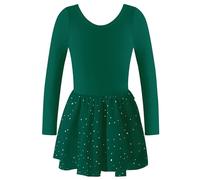 Abito da balletto da bambina, con paillette, senza schiena, body da danza, body da ginnastica, a maniche lunghe, in cotone con tutù, in chiffon, slim fit, O verde scuro, 140