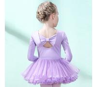 Abito da balletto tutu lungo viola con maniche lunghe per ragazze adolescenti, caratterizzato da un retro scoperto con fiocco, abbigliamento sportivo per la danza 6Y,8Y,10Y,5Y,3-4Y,12YColore unicoTess