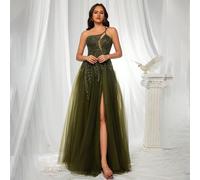 Abito da ballo con paillettes e rete senza maniche, con design asimmetrico al collo, elegante abito da sera formale per invitati a matrimoni, adatto per laurea, cena e feste L,M,S,XL,XSColore unicoTes