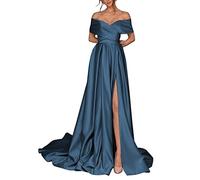 Abito da ballo con spalle scoperte pieghettate in raso con fessura laterale formale abiti da sera per le donne, Blu pavone, 52