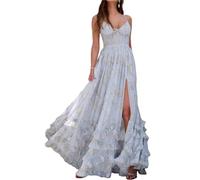 Abito da ballo con stampa floreale, da donna, in chiffon, con stampa, abito da damigella d'onore, senza spalline, abito formale da sera senza spalline, Blu, S