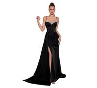Abito da Ballo da Donna con Spalline Sottili Formale Spacco E Strascico per La Sera, Festa, Ospite di Nozze,Nero,S