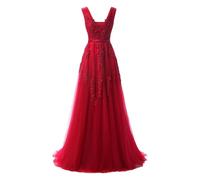 Abito da Ballo da Donna in Pizzo Scintillante, Abito Formale in Tulle con Scollo a V, Senza Maniche, Lunghezza Fino al Pavimento, Elegante Sera Rosso Vino, Taglia Media