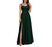 Abito da ballo da donna in raso con fessura tinta unita una linea abito da ballo senza maniche abito formale abito da sera, Foglia di t, 52 Più