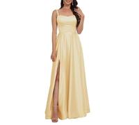 Abito da ballo da donna in raso con fessura tinta unita una linea abito da ballo senza maniche abito formale abito da sera, Giallo, 40