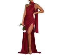 Abito da ballo da donna in raso con fessura una spalla sirena abiti da sera formale, Borgogna, 40