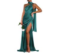 Abito da ballo da donna in raso con fessura una spalla sirena abiti da sera formale, Verde ottanio., 40