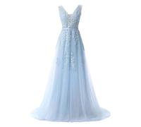 Abito da Ballo da Donna in Tulle con Scollo a V, Abito Sera Formale in Pizzo, Senza Maniche, Scintillante, Lungo Fino al Pavimento, Blu Cielo, Taglia Grande