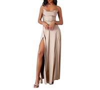 Abito da ballo da donna, lungo, da sera, elegante, con schiena scoperta, con spalline sottili, abito in raso con spacco, maxi abito in raso, linea ad A, abito da cocktail, A Cachi, M