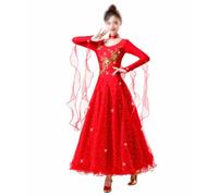 Abito da Ballo da Sala da Donna, Elegante Abito da Danza A Maniche Lunghe per Valzer E Tango Vestito alla Moda con Girocollo E Strass per Tango Cha Cha Rumba Salsa E Feste,Rosso,XXL