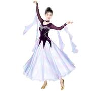Abito da Ballo da Sala da Donna, Elegante Abito da Danza Maniche Lunghe per Valzer E Tango Vestito alla Moda Girocollo Ampia Gonna Ruota per Ballo Moderno Festa Tango Cha Cha Salsa,Viola,L