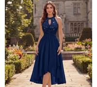 Abito da ballo elegante con scollo all'americana, senza maniche, in chiffon plissettato con pizzo floreale e paillettes, adatto per feste di ritorno a casa, primavera/estate L,M,S,XL,XXLColore unicoCh