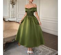 Abito da ballo elegante e formale da donna con pizzo, vita arricciata, spalle scoperte, verde, per matrimonio, ballo, promessa, estate L,M,S,XL,XSColore unicoTessuto intrecciato