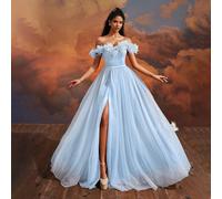 Abito da ballo Hannah blu sognante con fiori, spalle scoperte e trasparenze, design con spacco alto, corpetto aderente, abito da ospite di matrimonio per feste primavera autunno L,M,S,XL,XSTessuto