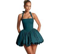 Abito da ballo in raso corto Halter Abiti ritorno a casa Adolescenti Bubble Una Linea Formale Cocktail Party Abiti, Foglia di t, XL