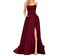 Abito da ballo in raso da donna, lungo, elegante, con allacciatura al collo, linea ad A, incrocio sulla schiena, spalline sottili, abito da sera o matrimonio, con tasche, Vinaccia, 42