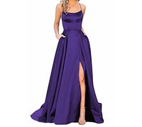 Abito da ballo in raso da donna, lungo, elegante, con allacciatura al collo, linea ad A, incrocio sulla schiena, spalline sottili, abito da sera o matrimonio, con tasche, viola scuro, 42