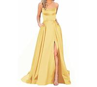 Abito da ballo in raso da donna, lungo, elegante, con allacciatura al collo, linea ad A, incrocio sulla schiena, spalline sottili, abito da sera o matrimonio, con tasche, giallo., 38