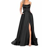 Abito da Ballo in Raso da Donna, Lungo, Elegante, con Allacciatura al Collo, Linea ad A, Incrocio sulla Schiena, Spalline Sottili, Abito da Sera o Matrimonio, con Tasche, Nero, 32