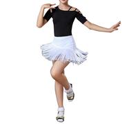 Abito da Ballo Latino a Due Pezzi per Ragazze con Frange in Tessuto Tassel, Composto da Un Body e Una Gonna da Ballo. Perfetto per esibizioni sul palco di Tango, Salsa e Altre Danze,Bianca,130cm