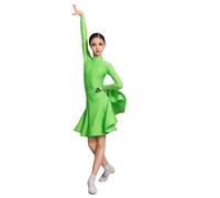 Abito da Ballo Latino a Maniche Lunghe per Ragazze, per Bambini, da Sala, per Gare, Feste, palco, Allenamento, Salsa, Rumba, cha cha, Samba, Tango, Gonna da Competizione,Green a,150cm