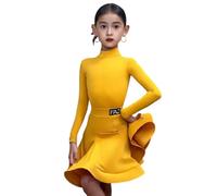 Abito da Ballo Latino-Americano per Bambina, Completo da Rumba a Maniche Corte/Lunghe, Body e Gonna, Abiti da Spettacolo per Samba e Tango, 4-16 Anni.,Giallo,120