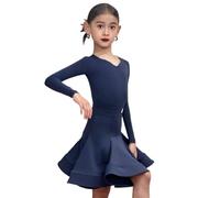 Abito da Ballo Latino-Americano per Bambina, Completo da Rumba a Maniche Corte/Lunghe, Body e Gonna, Abiti da Spettacolo per Samba e Tango, 4-16 Anni.,Navy Blue,150