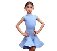 Abito da Ballo Latino-Americano per Bambina, Completo da Rumba a Maniche Corte/Lunghe, Body e Gonna, Abiti da Spettacolo per Samba e Tango, 4-16 Anni.,Blu,110