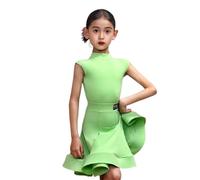Abito da Ballo Latino-Americano per Bambina, Completo da Rumba a Maniche Corte/Lunghe, Body e Gonna, Abiti da Spettacolo per Samba e Tango, 4-16 Anni.,Verde,130