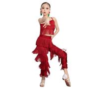 Abito da Ballo Latino con Frange per Ragazze, Abito da Competizione da Sala con Nappe in 2 Pezzi per Ballo da Sala Rumba Tango Salsa,Burgundy,170cm