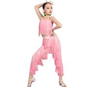 Abito da Ballo Latino con Frange per Ragazze, Abito da Competizione da Sala con Nappe in 2 Pezzi per Ballo da Sala Rumba Tango Salsa,Rosa,140cm