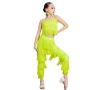 Abito da Ballo Latino con Frange per Ragazze, Abito da Competizione da Sala con Nappe in 2 Pezzi per Ballo da Sala Rumba Tango Salsa,Fluorescent Green,170cm