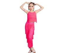 Abito da Ballo Latino con Frange per Ragazze, Abito da Competizione da Sala con Nappe in 2 Pezzi per Ballo da Sala Rumba Tango Salsa,Magenta,150cm